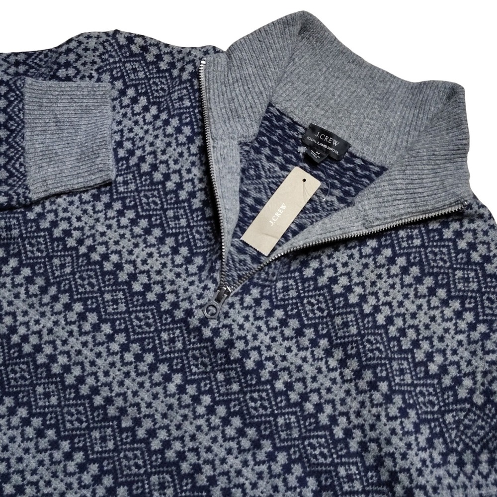J.Crew Lambswool Fair Isle 1/4 Zip Mens Medium Blue Grey NWT Nordic Sweater